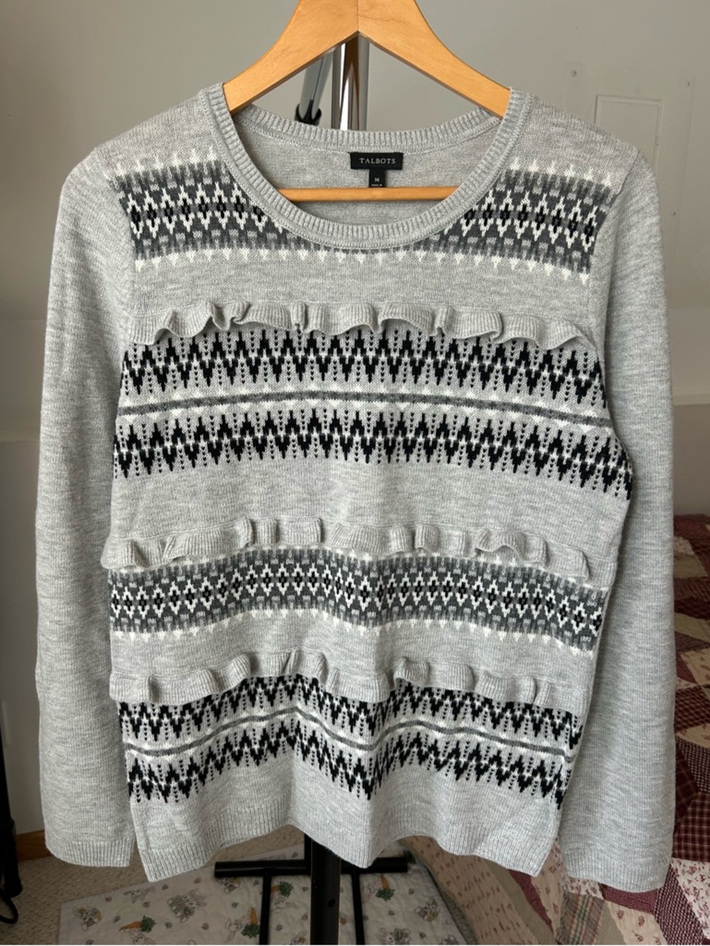 Talbots Knit Ruffle Sweater Wool Gray Medium